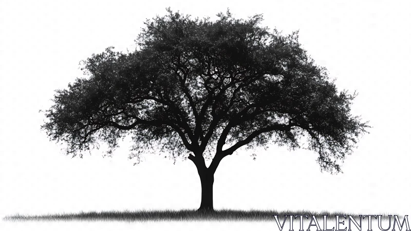 Solitary deciduous tree silhouette on white background.