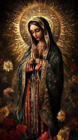 Ornate Marian icon with radiant gilded halo and brocaded mantle