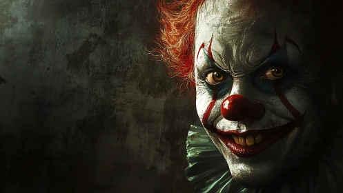 Grinning nightmare clown peers from shadowed carnival gloom.