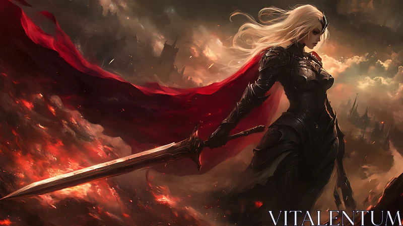 Armored female warrior stands with sword amid burning battlefield