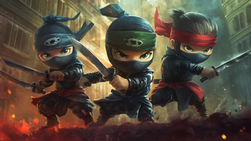 Dynamic chibi ninja trio in cinematic digital painting style.