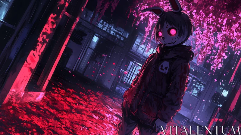 Neon-eyed bunny-masked figure under crimson sakura glow.