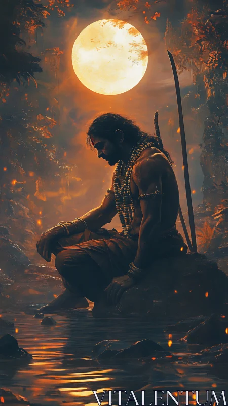 Warrior-monk in ember-lit jungle beside moonlit forest pool