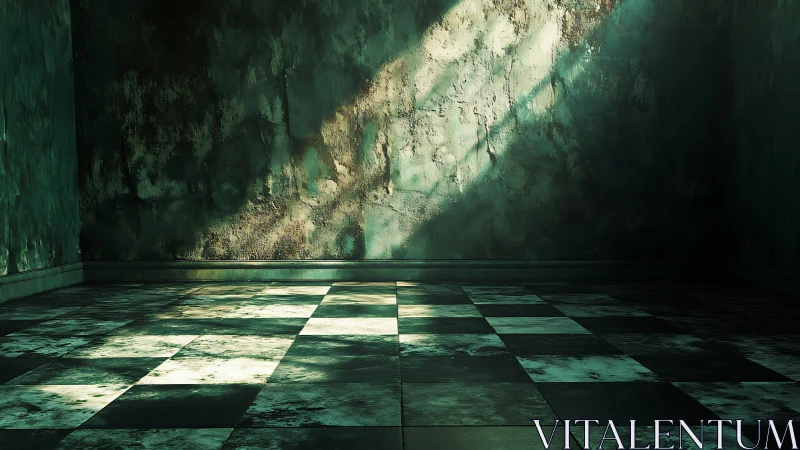 Light falls across a worn checkered floor in empty interior