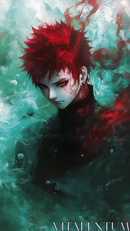 Red haired anime figure in swirling teal abstract environment.