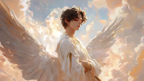 Serene winged androgyne in luminous cloudscape, soft light