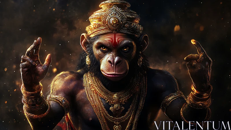 Regal warrior monkey stands crowned in glowing golden armor