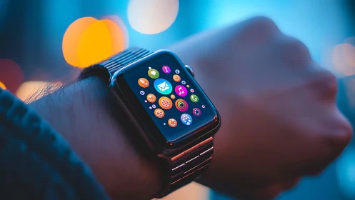 Neon city lights orbit a bright grid of smartwatch icons