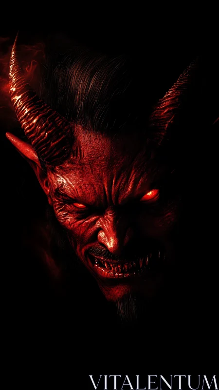 Demonic red horned face emerges from darkness with fiery glow