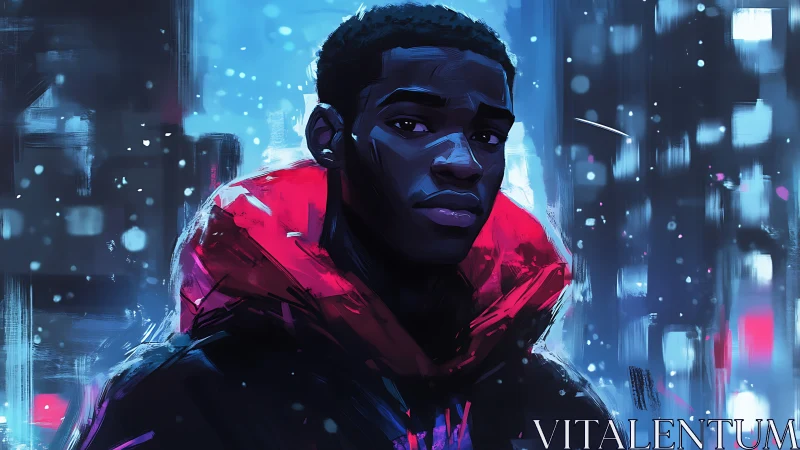 Digital portrait of man in red jacket against city lights.