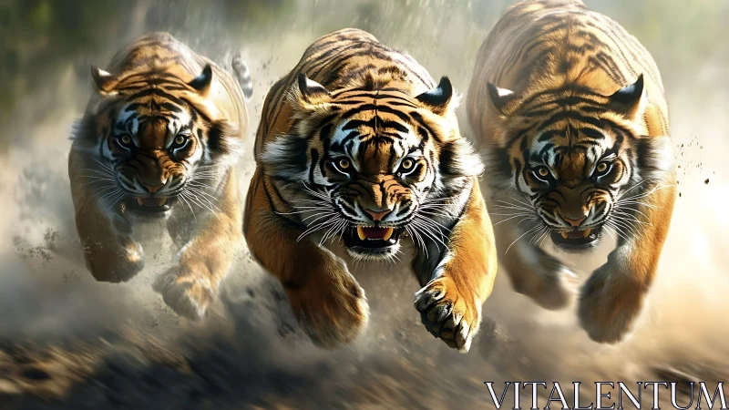 Three Tigers in Dynamic Motion Through Dust Cloud.