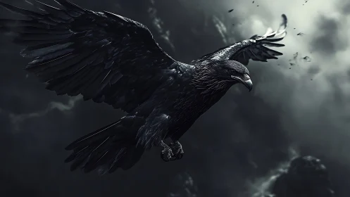 Dark feathered bird in flight against overcast sky backdrop.