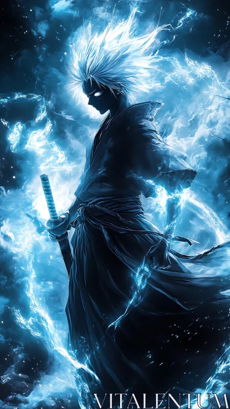 Blade-wielding warrior emerges from crackling blue energy storm.