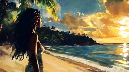 Sunset dreamwatcher on a tropical brushstroke shoreline.