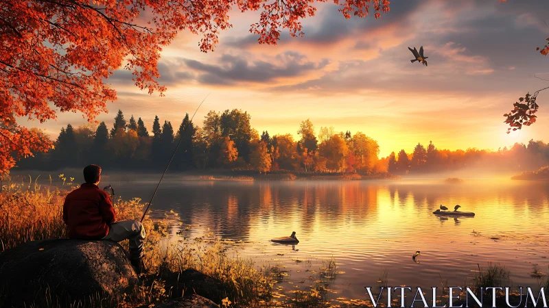 Autumn lake angler in radiant sunrise reflective waters.