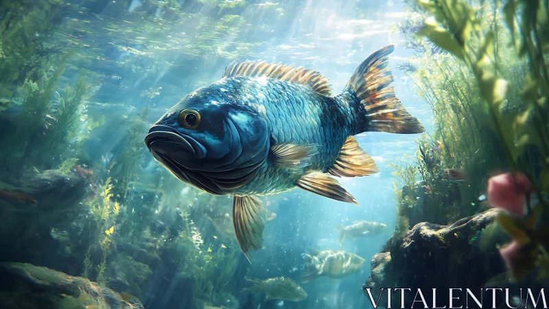 Digital rendering depicts a single fish in underwater habitat