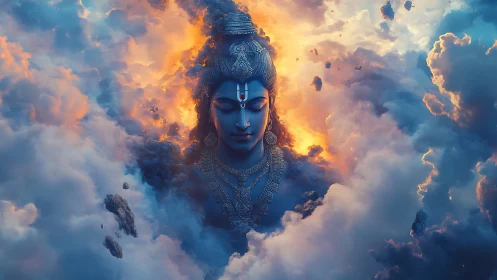 Serene celestial deity rests in glowing clouds of light