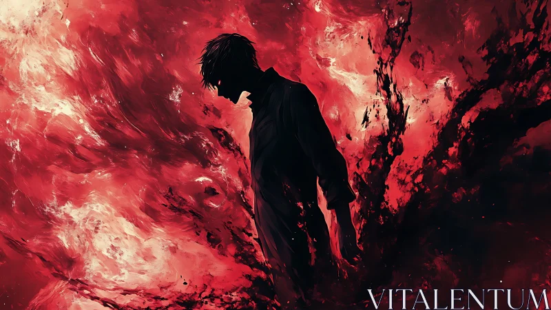 Silhouetted figure dissolving into turbulent crimson nebula.