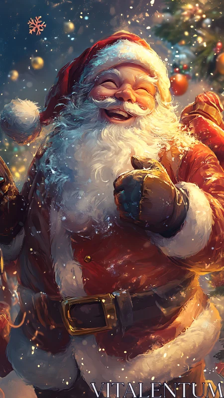 Jolly Santa Claus in glowing festive bokeh snowfall portrait.