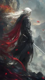 White haired dark knight with crimson cape on cliff ledge