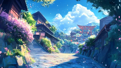 Spring lit hillside street toward distant torii gate vista.