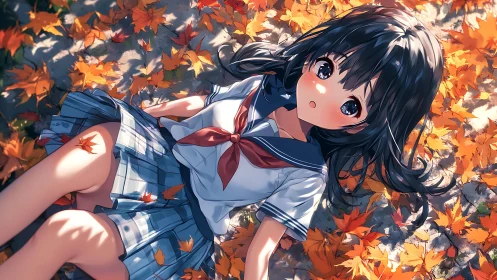Autumn-lit schoolgirl reclining in maple leaf ground cover.