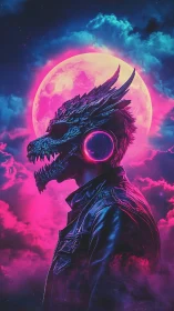 Neon-dragon cyborg profile against irradiated lunar halo.
