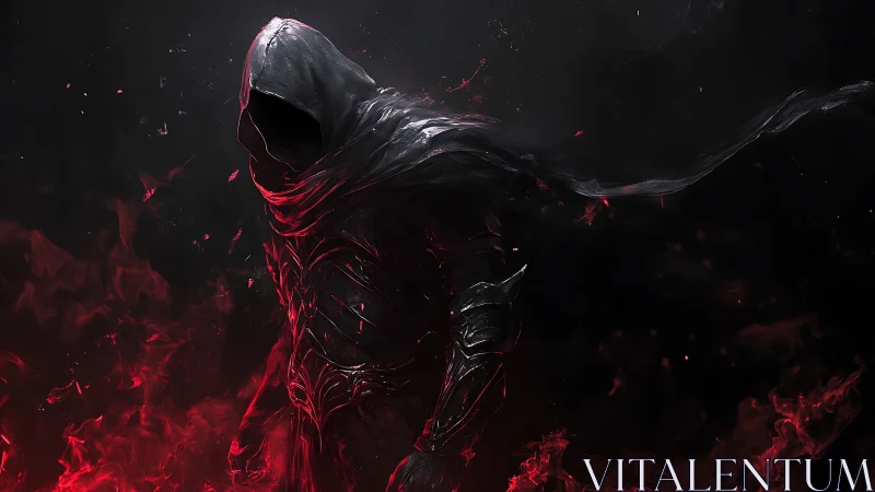 Hooded dark warrior in reflective armor amid red spectral flames