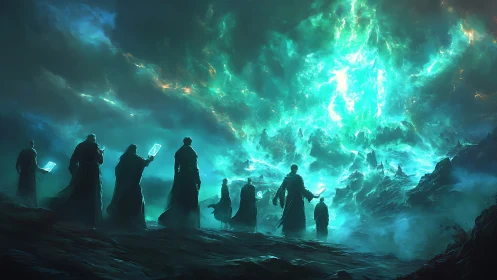 Ritual robed figures beneath towering teal energy storm.