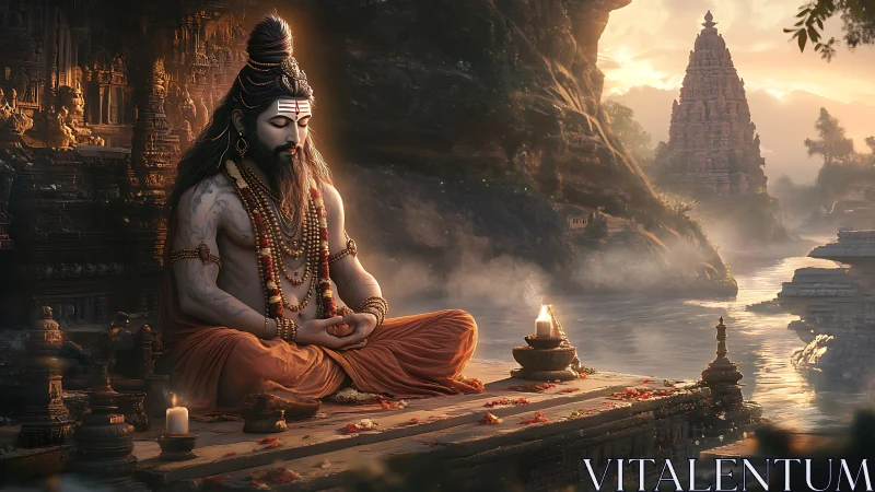 Meditating sage sits beside river with distant temple at dusk