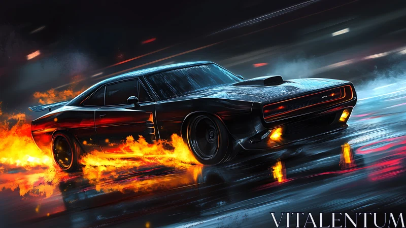 Muscle car drifts on wet night street with blazing flames.