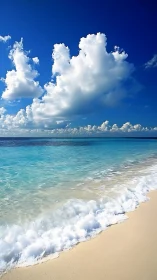Sunlit turquoise shoreline beneath towering cumulus clouds.