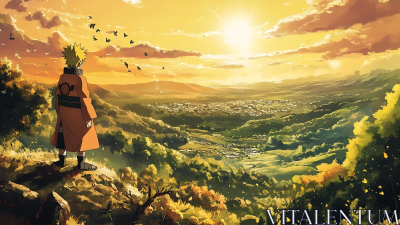 Anime figure on ridge overlooking illuminated valley landscape.