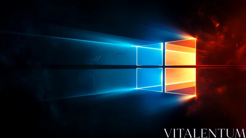 Bifurcated luminous window logo with blue–red volumetric light beams