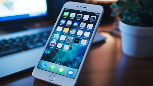 Glowing Portal: iPhone Home Screen Dominates Modern Workspace Theater