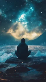 Solitary figure watching cosmic seascape at nightfall.