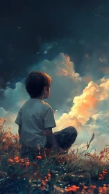Digital painting of child in contemplative skyward landscape.