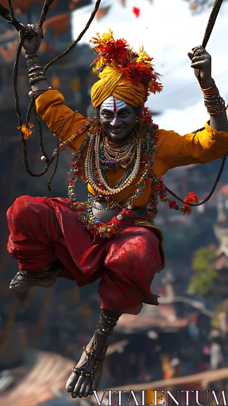 Dynamic rope-swinging festival performer in vivid regalia.