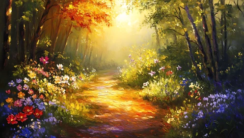 Sunlit forest path with vibrant impressionist wildflower edges.