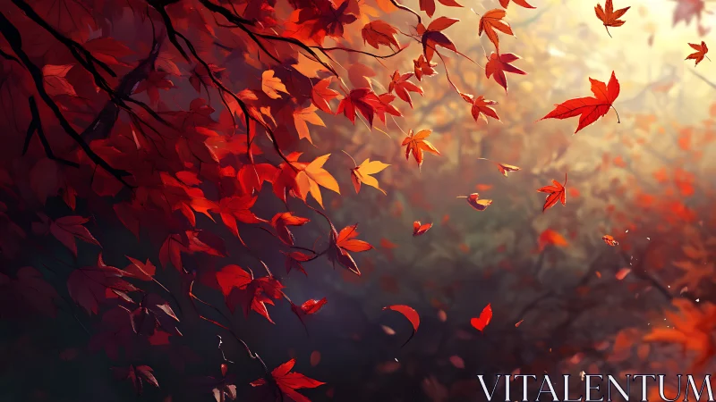 Autumn maple canopy with windblown red foliage in soft bokeh