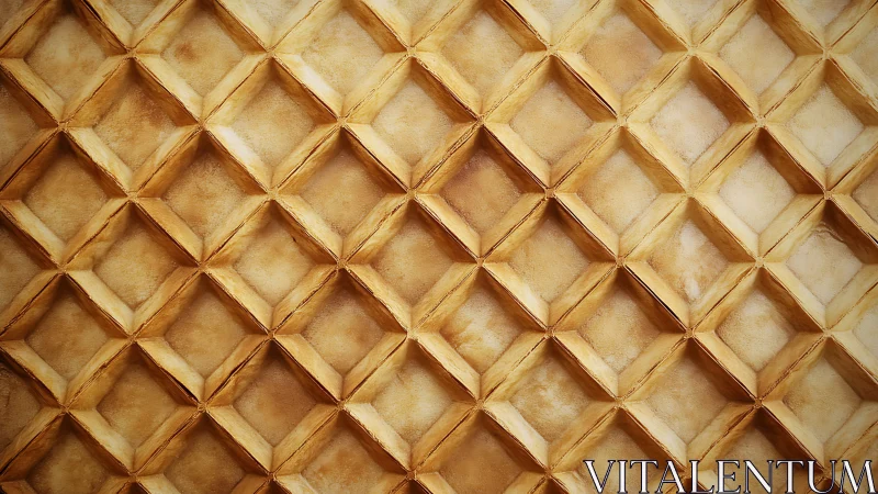 Golden waffle-like geometric wall pattern creates depth.