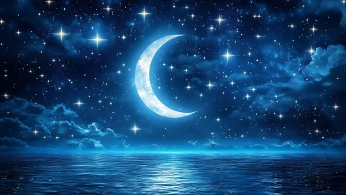 Crescent moon over reflective ocean beneath dense stellar sky