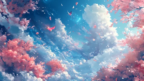Celestial spring sky with cherry blossoms and luminous birds