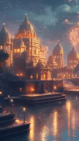 Golden riverside temples glow softly in a dreamy twilight