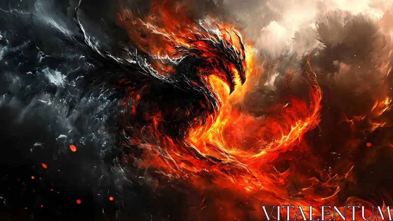 Fiery phoenix erupts from swirling smoke and storm clouds.