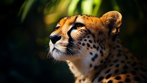 Cheetah portrait in warm light with soft dark background.