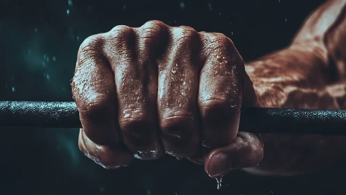 Human hand grips textured bar under water droplets in closeup