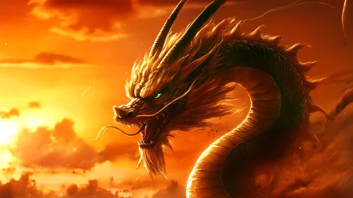 Fiery serpentine dragon arcs across a blazing cinematic sky