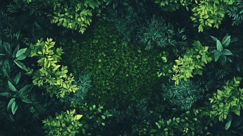 Lush overhead jungle canopy encircling dense emerald foliage.