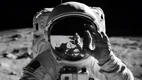 Monochrome lunar astronaut close-up with visor reflection focus.